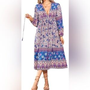 Lance Cade Boho Long Sleeve Cotton Peasant Midi Dress Size Large